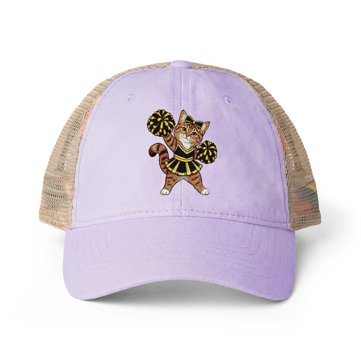 Orange Cheer Cat embroidered Women's Washed Mesh-Back Cap