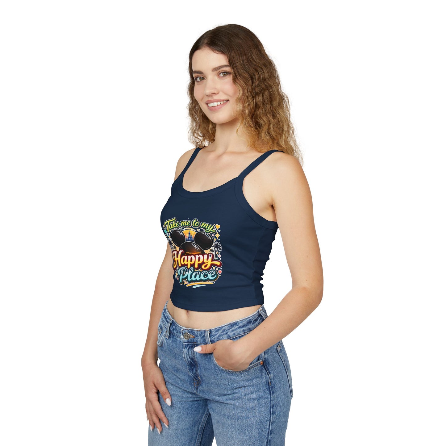 Take Me to My Happy Place tank top | Mickey ears, palm trees, retro script