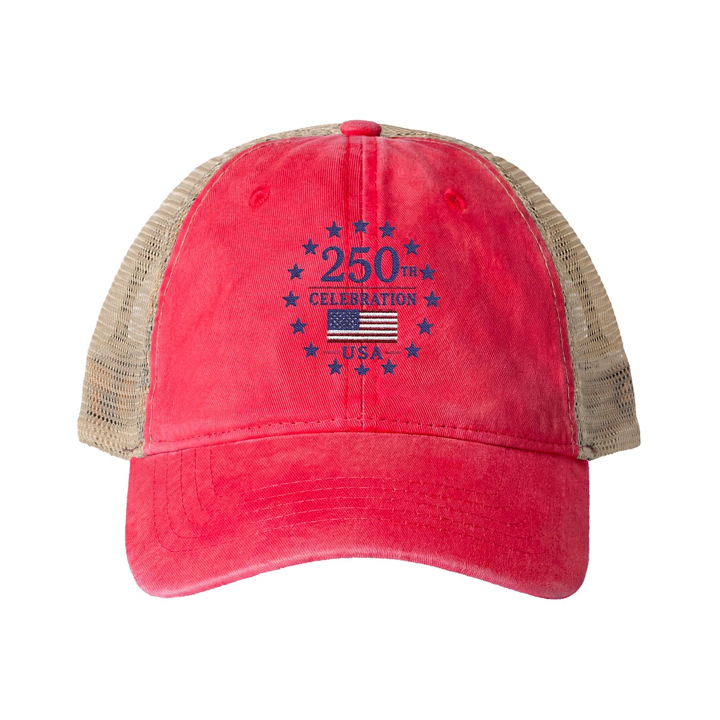 Women's Washed Mesh-Back Cap with print underneath bill embroidered USA 250th celebration various colors