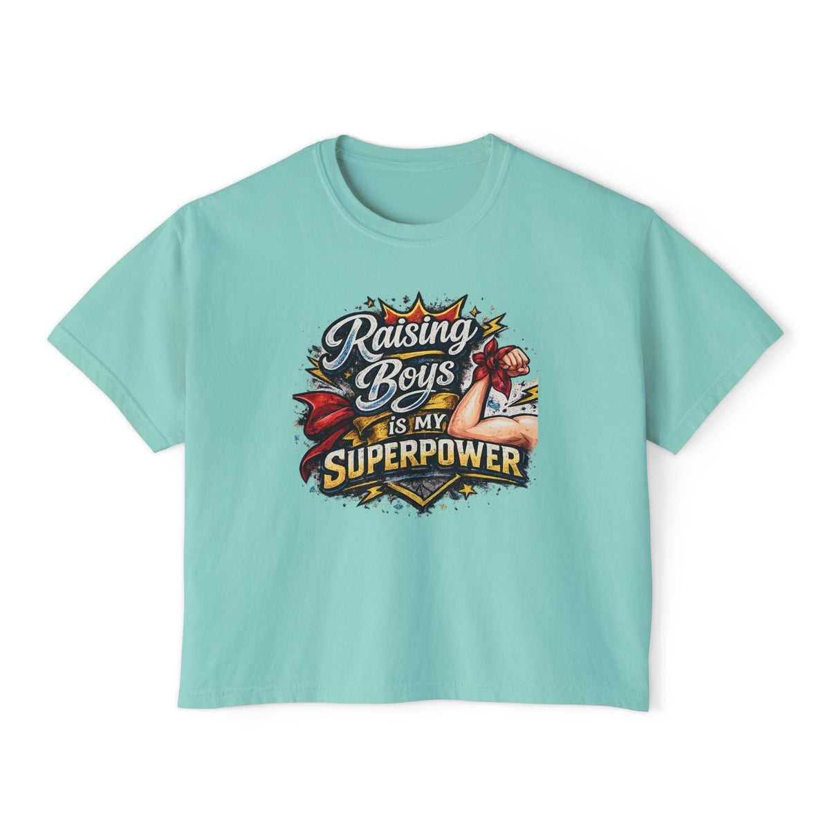 Raising Boys Is My Superpower Tee | Mom Superhero Graphic Shirt