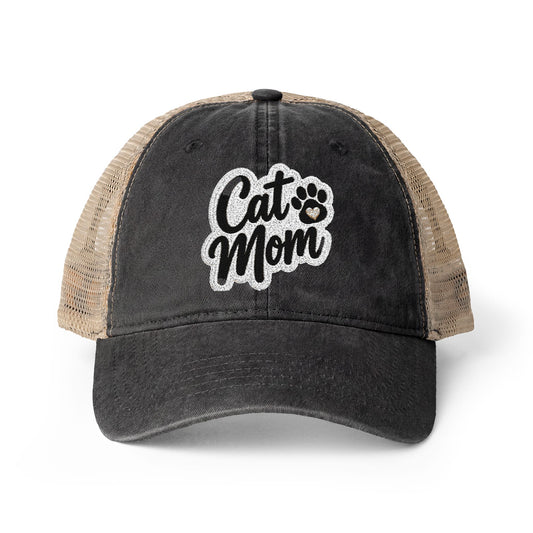 Cat Mom embroidered Women's Washed Mesh-Back Cap