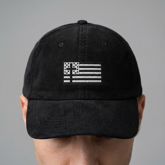 Vintage Corduroy Cap — Embroidered Distressed Flag Hat
