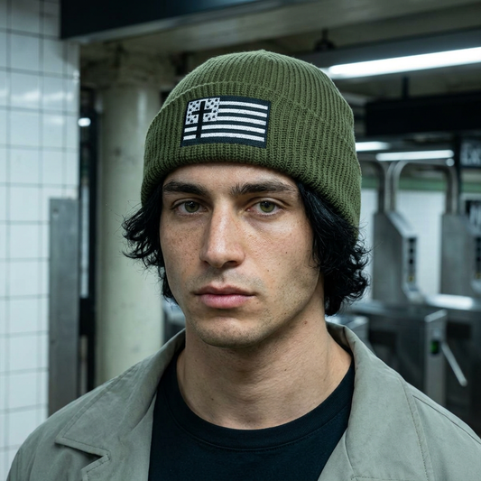 Cuffed Beanie with Black & White American Flag with Cross Patch — Patriotic Winter Knit Hat