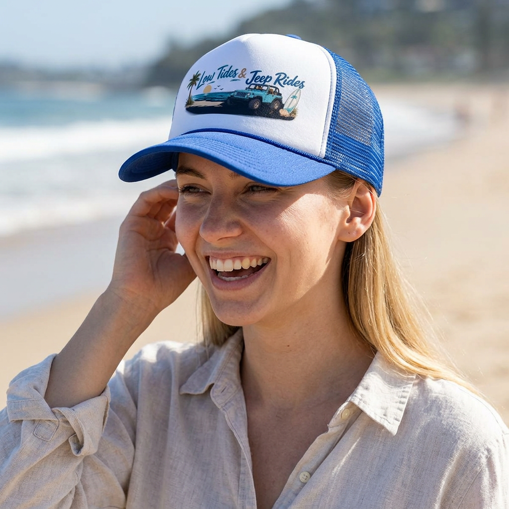 Low Tides & Beach Rides Trucker Cap | Beach 4x4 Surf Ocean Vintage Graphic