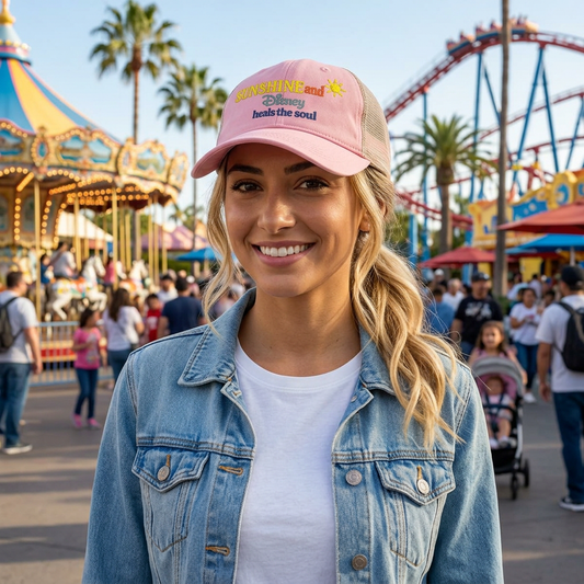 Women's Washed Mesh-Back Cap Embroidered Sunshine and Disney heals the soul solid print on front/pattern under visor