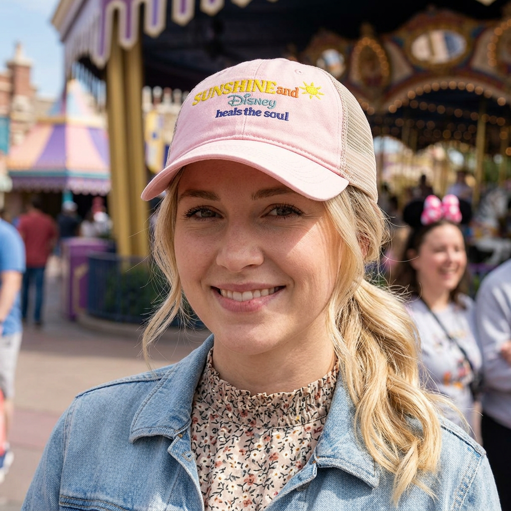 Women's Washed Mesh-Back Cap Embroidered Sunshine and Disney heals the soul solid print on front/pattern under visor