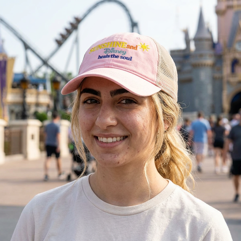Women's Washed Mesh-Back Cap Embroidered Sunshine and Disney heals the soul solid print on front/pattern under visor