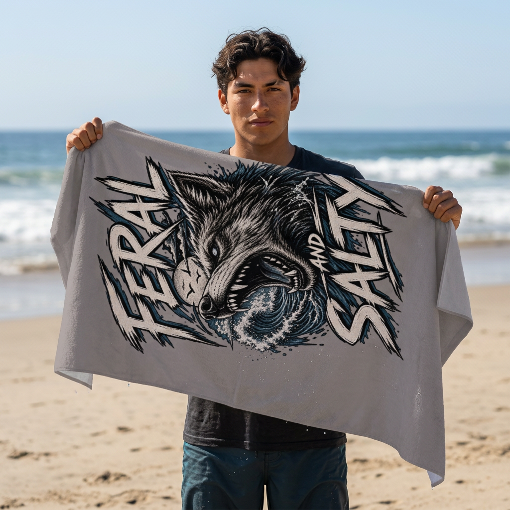 Feral and Salty Beach Towel — Aggressive Wolf Surf Graphic