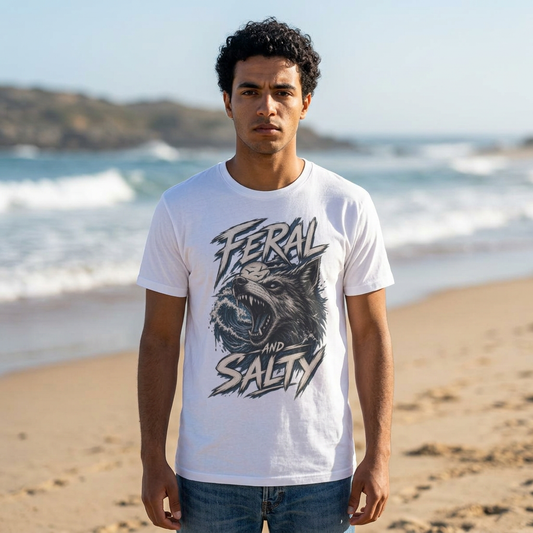 Feral and Salty Wolf Ocean T-Shirt — Graphic Animal Tee for Outdoor & Casual Wear