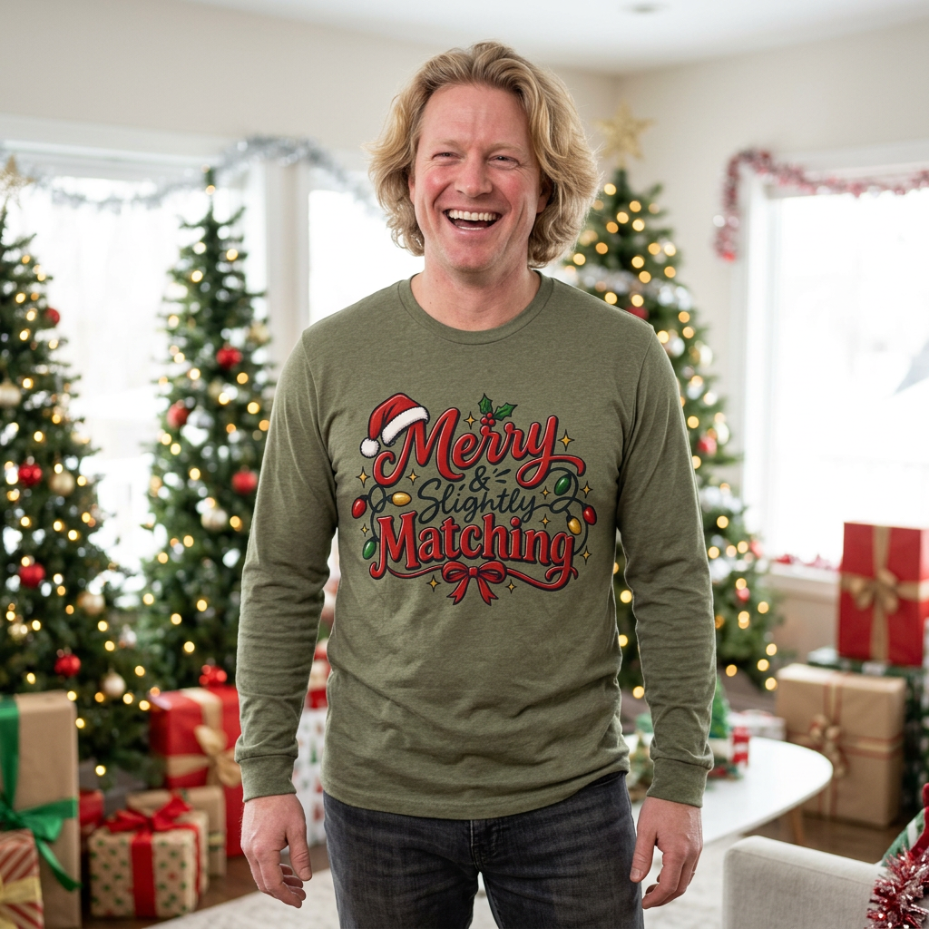 Merry & Slightly Matching Long Sleeve Tee — Christmas Family Holiday Shirt