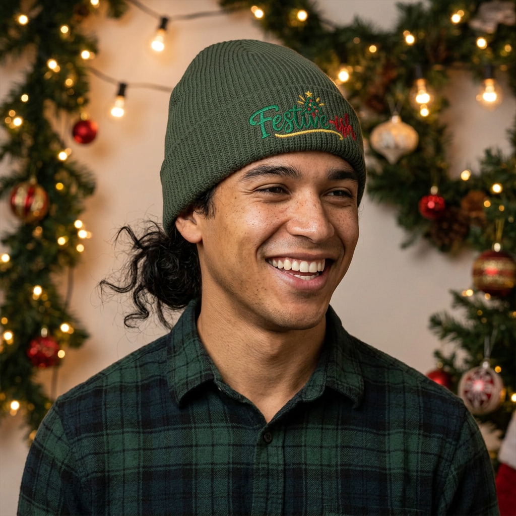 Festive-ish Cuff Beanie — Embroidered Holiday Knit Hat