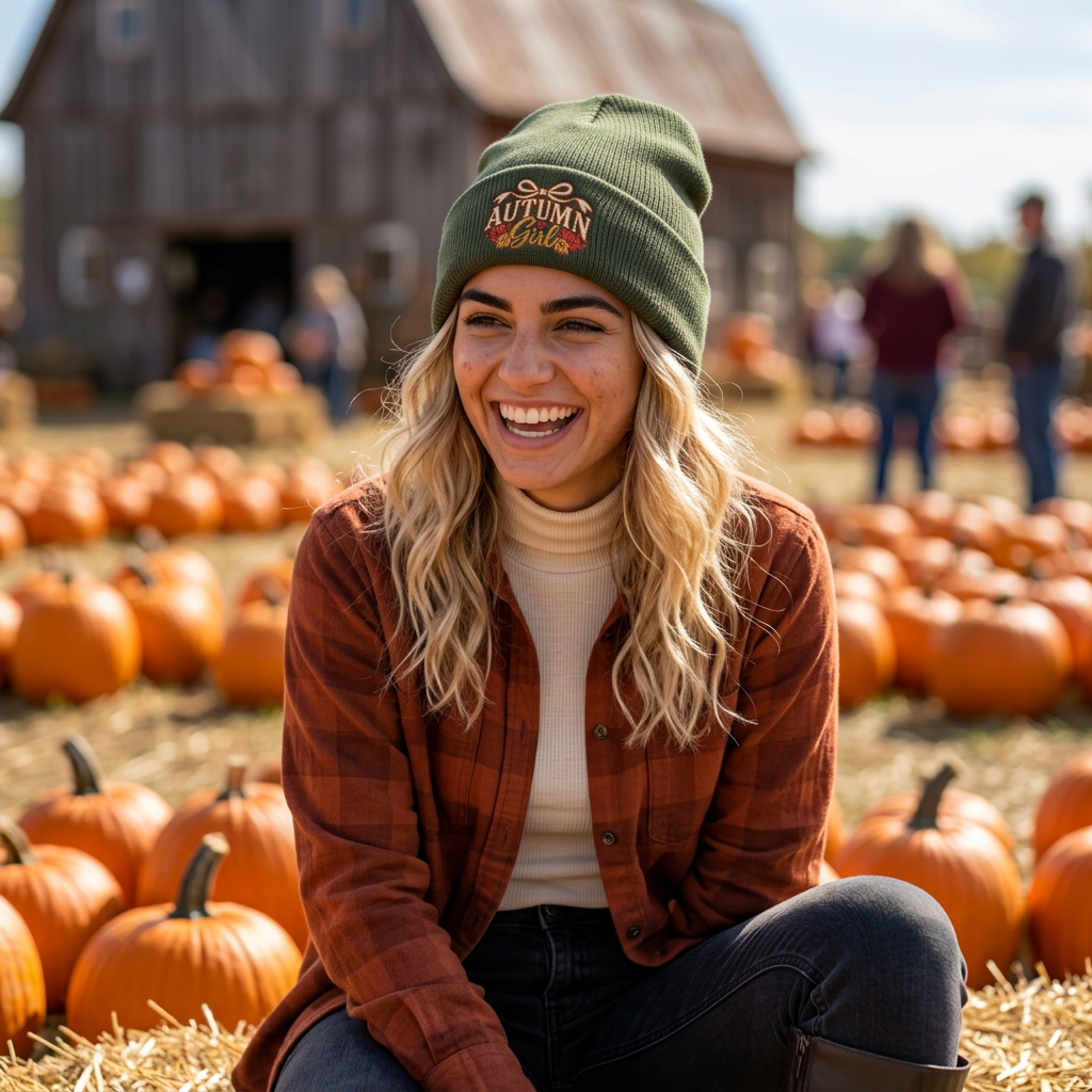 Autumn Girl Embroidered Cuff Beanie