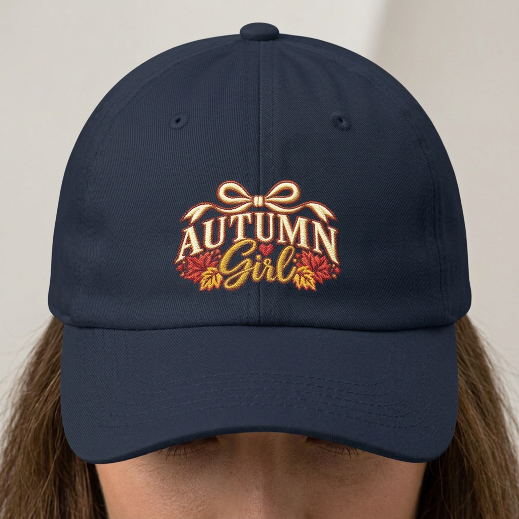 Autumn Girl embroidered design Classic Cap | fall leaves, ribbon