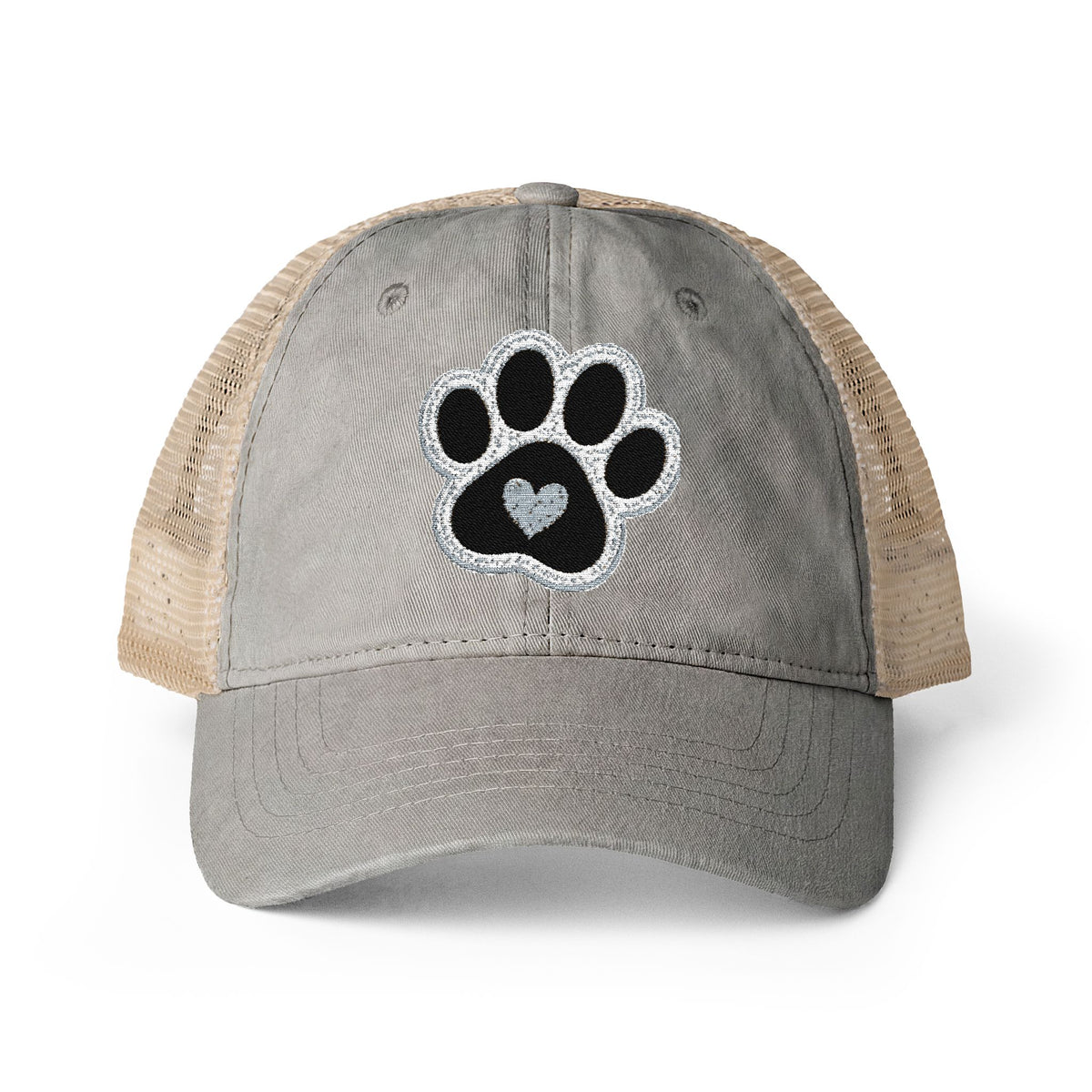 Paw print heart embroidered Women's Washed Mesh-Back Cap