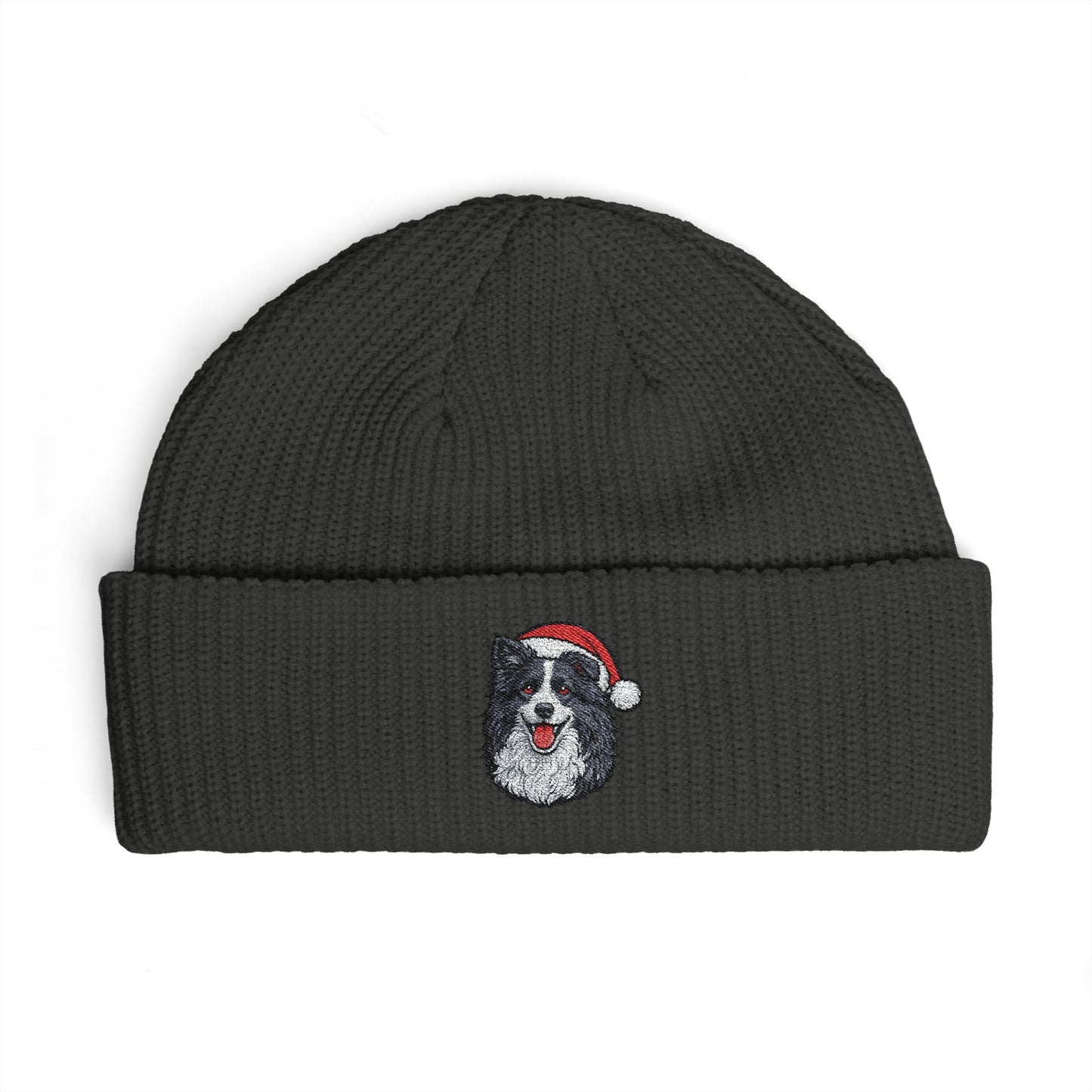 Cuffed Beanie — Embroidered Border Collie Dog in Santa Hat Winter cap