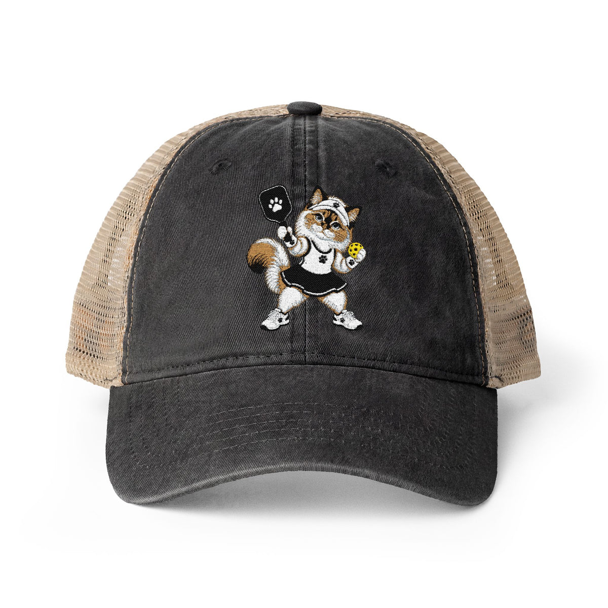 Pickleball Cat Embroidered Women's Washed Mesh-Back Cap