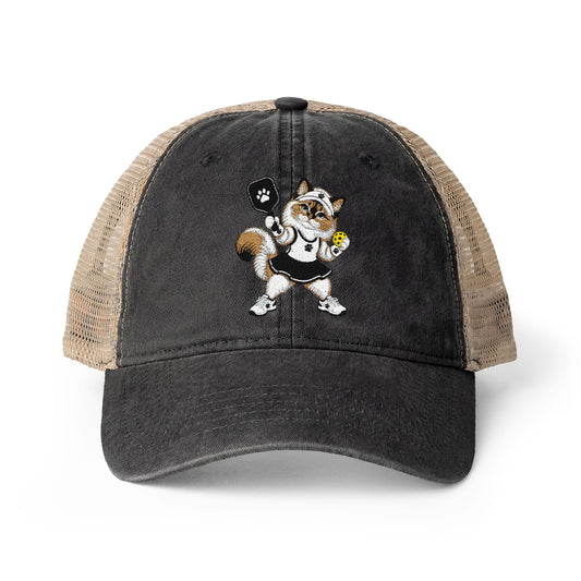 Pickleball Cat Embroidered Women's Washed Mesh-Back Cap