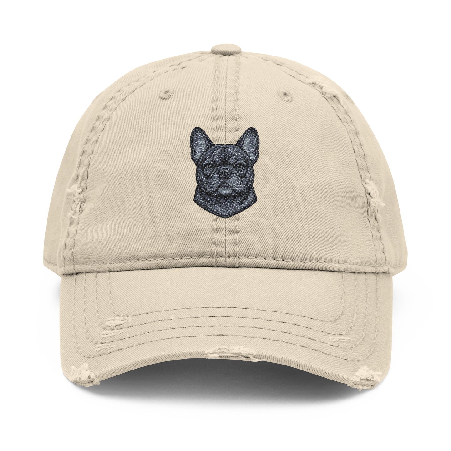 Embroidered Black French Bulldog Face Dad Hat | Distressed Baseball Cap