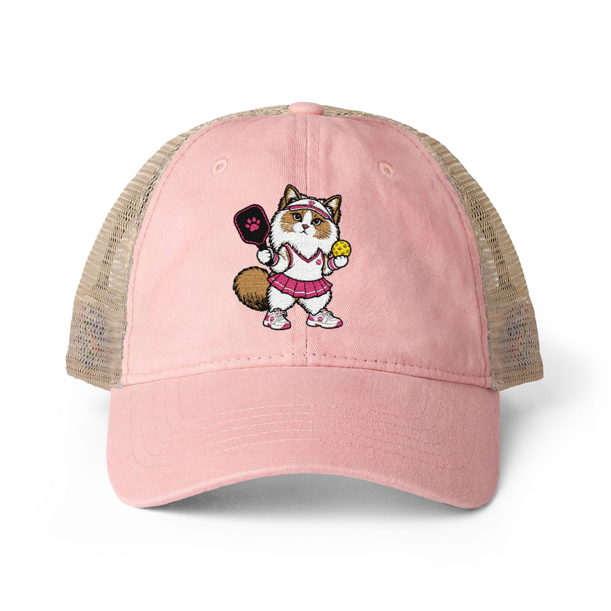 Pickleball Cat Embroidered Women's Washed Mesh-Back Cap