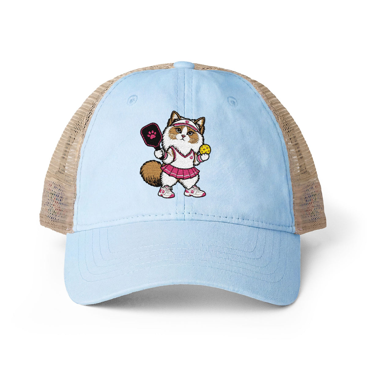 Pickleball Cat Embroidered Women's Washed Mesh-Back Cap