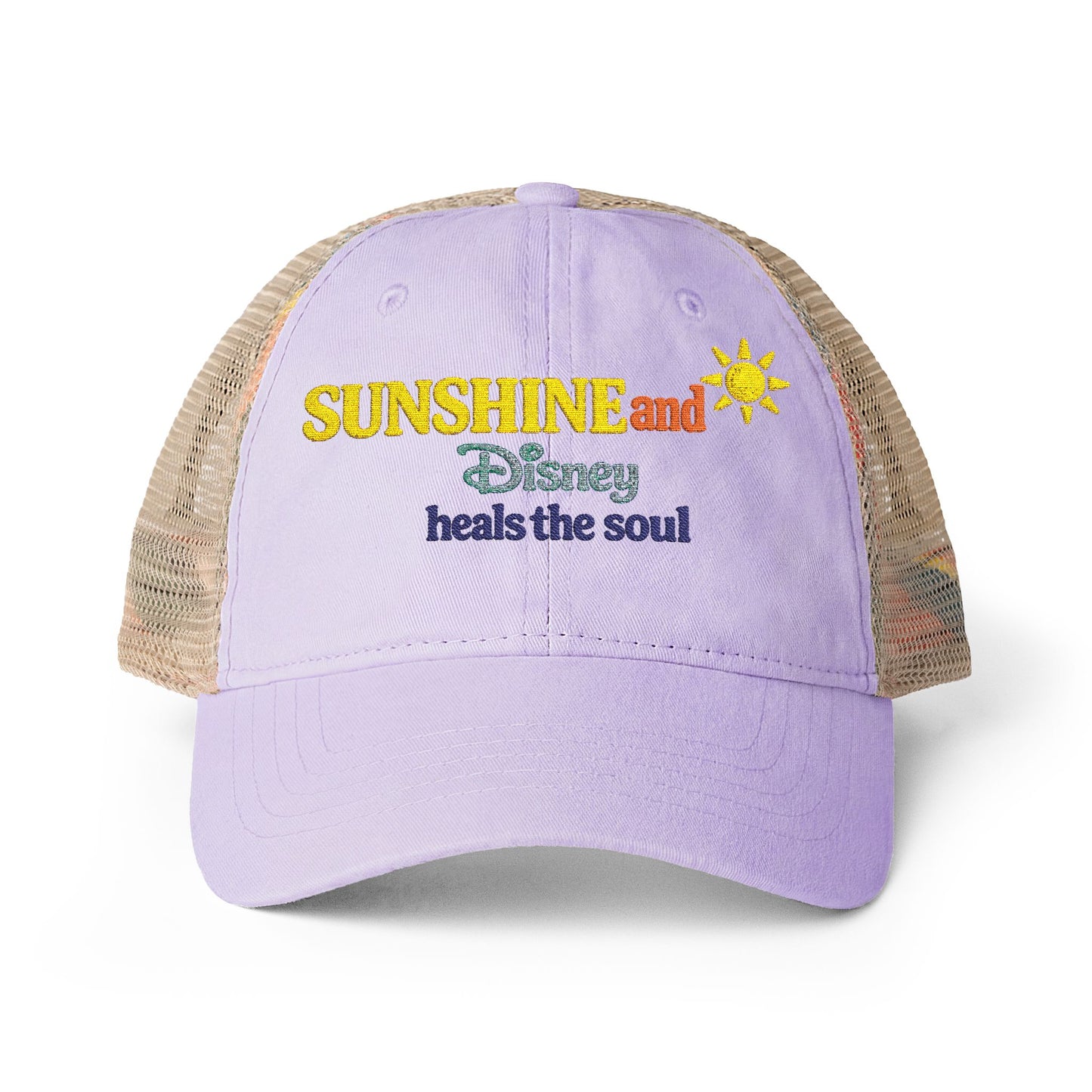 Women's Washed Mesh-Back Cap Embroidered Sunshine and Disney heals the soul solid print on front/pattern under visor