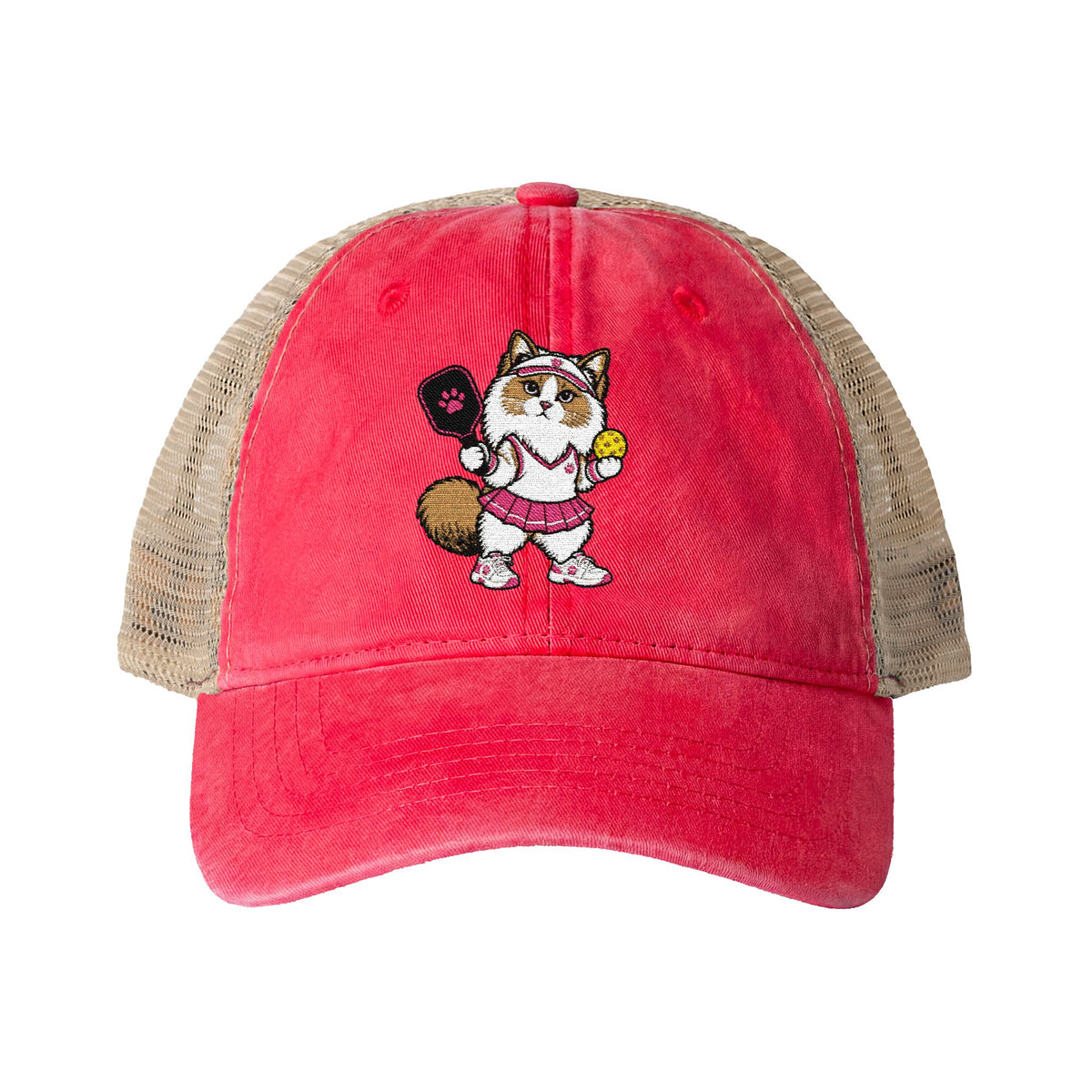 Pickleball Cat Embroidered Women's Washed Mesh-Back Cap