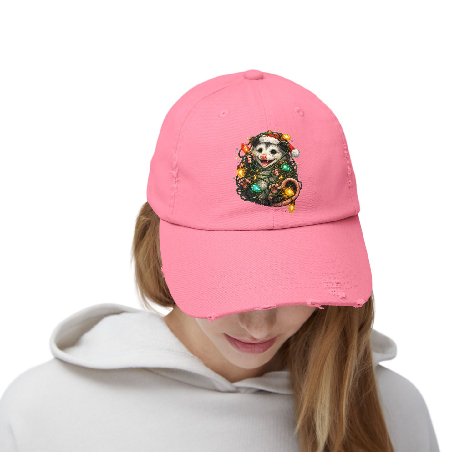 Christmas Opossum Distressed Cap — Cute Opossum Wrapped in Holiday Lights