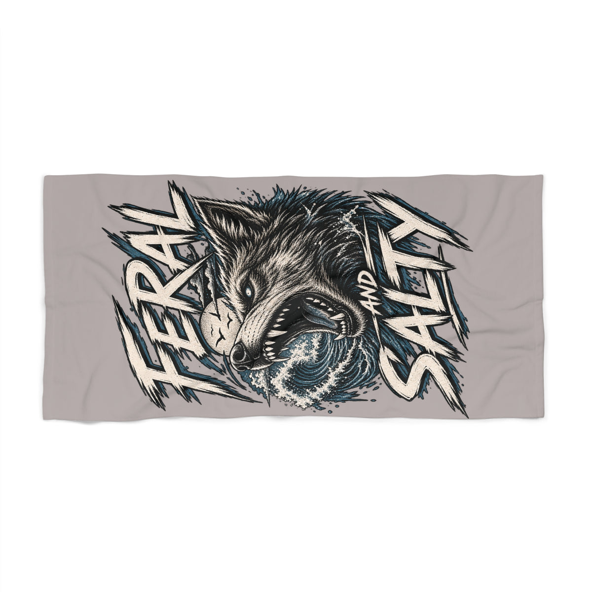 Feral and Salty Beach Towel — Aggressive Wolf Surf Graphic