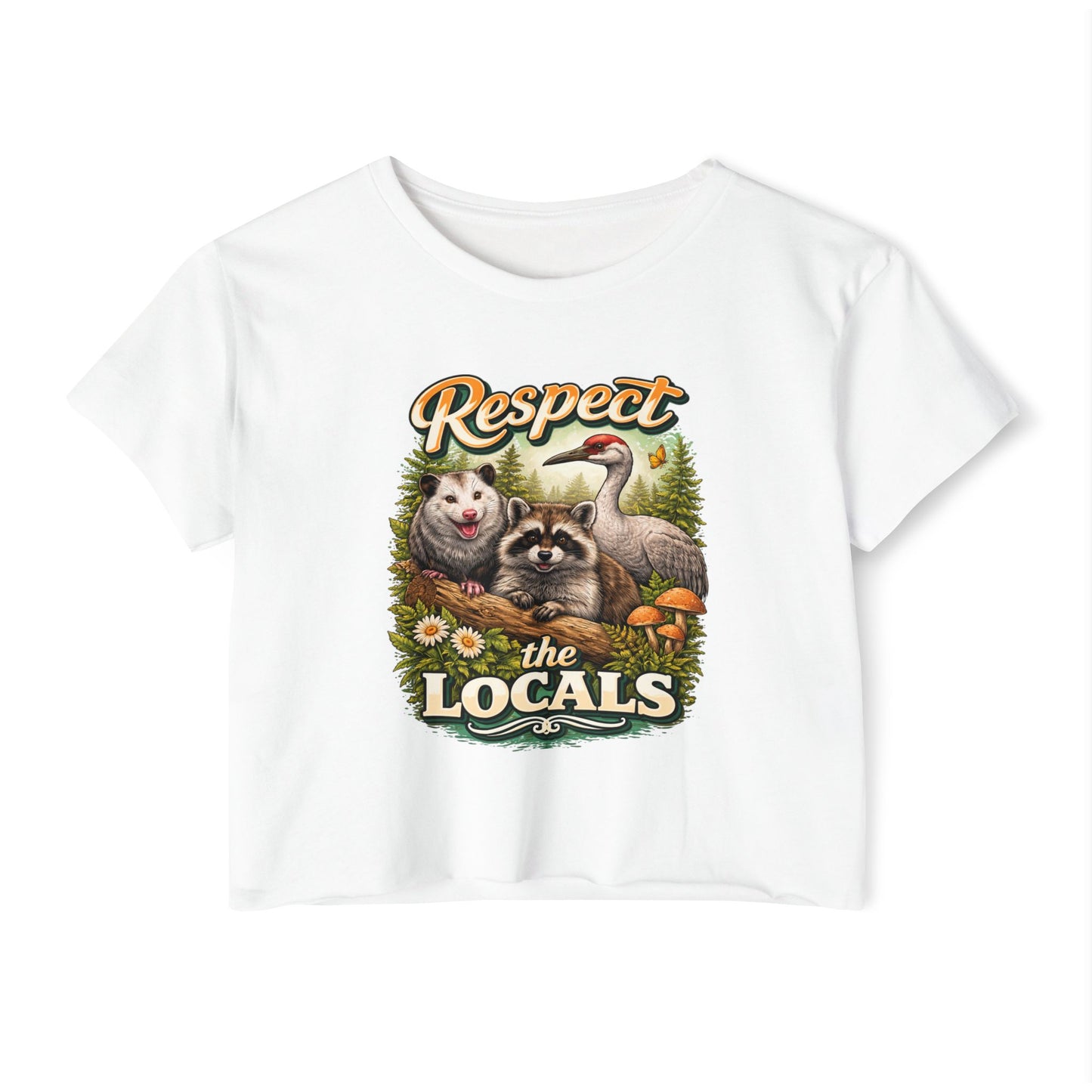 Respect the Locals Crop Top | Raccoon Opossum Sandhill Crane Nature Graphic Wildlife conservation