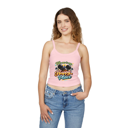 Take Me to My Happy Place tank top | Mickey ears, palm trees, retro script
