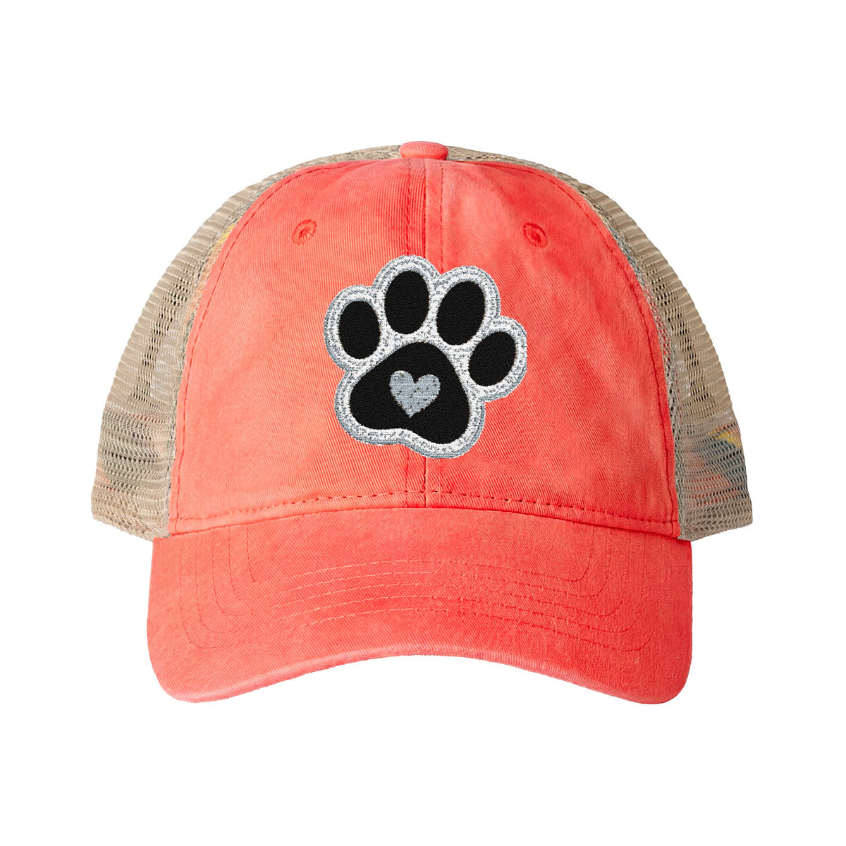 Paw print heart embroidered Women's Washed Mesh-Back Cap