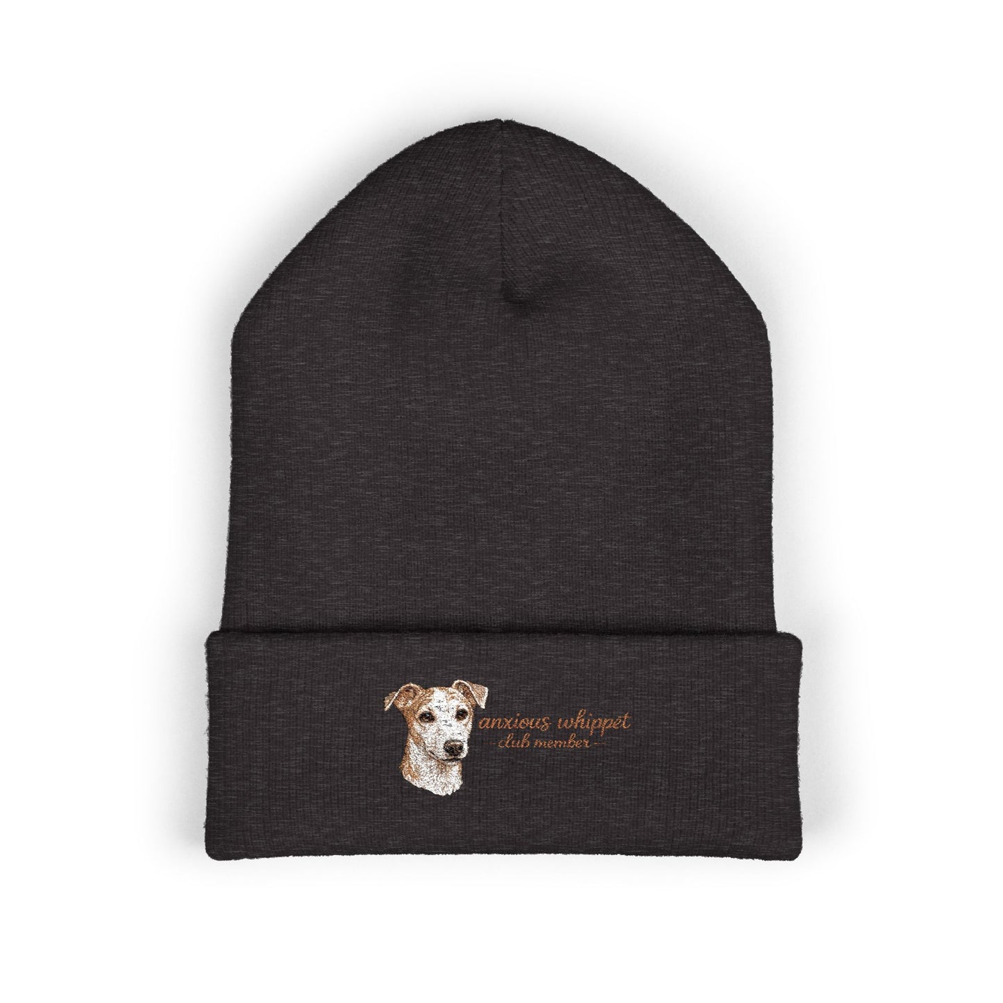 Anxious Whippet Embroidered Beanie | Cuffed Knit Hat