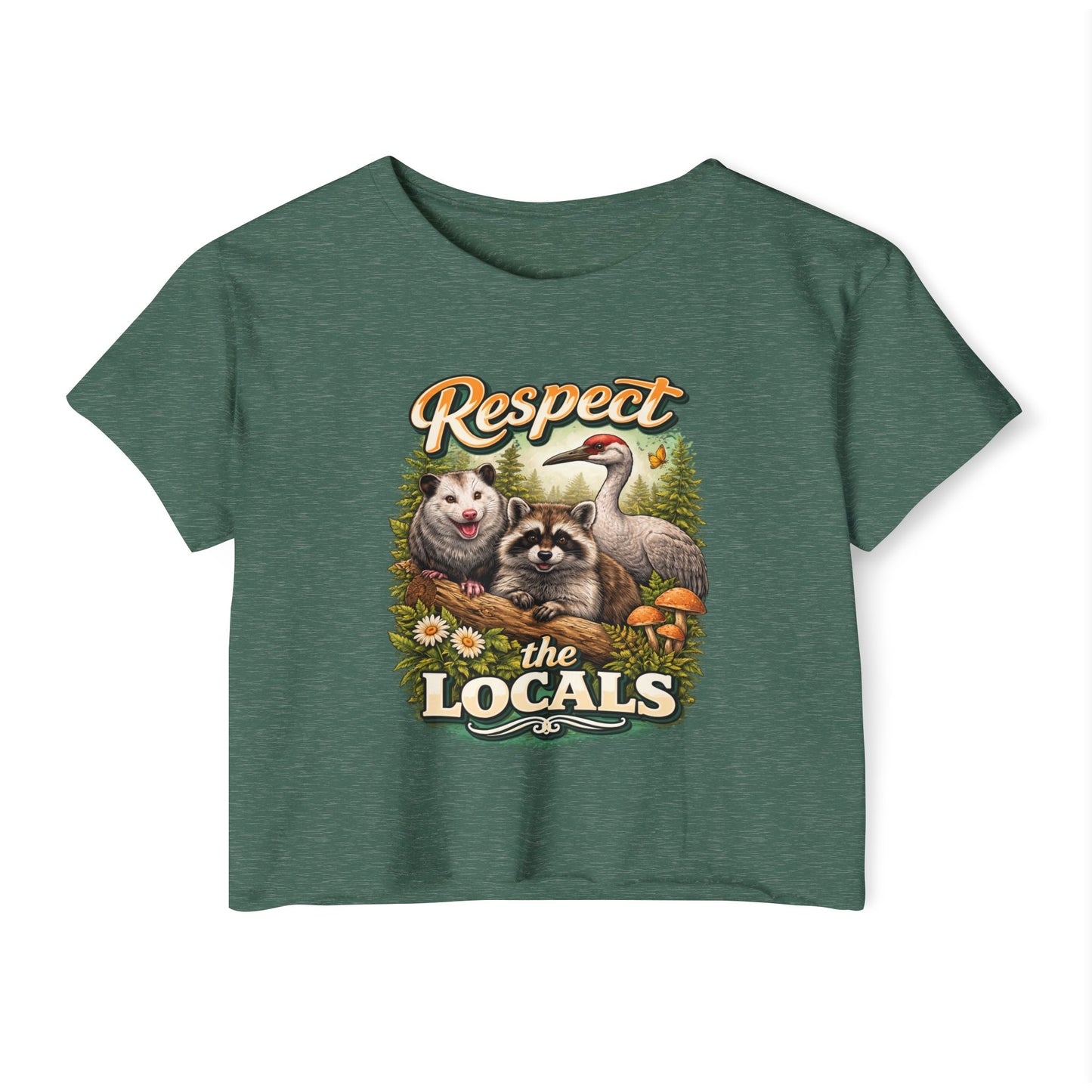 Respect the Locals Crop Top | Raccoon Opossum Sandhill Crane Nature Graphic Wildlife conservation