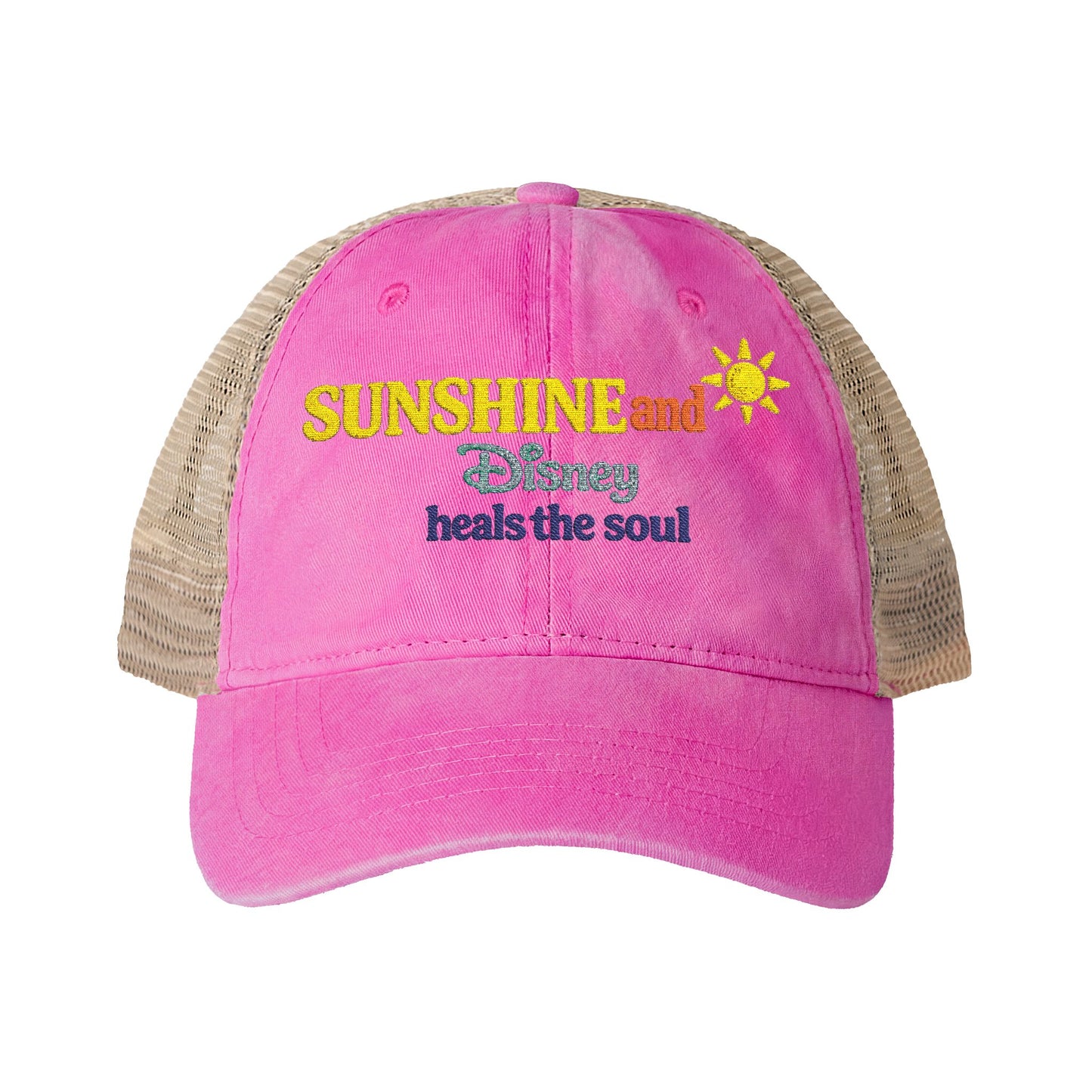 Women's Washed Mesh-Back Cap Embroidered Sunshine and Disney heals the soul solid print on front/pattern under visor