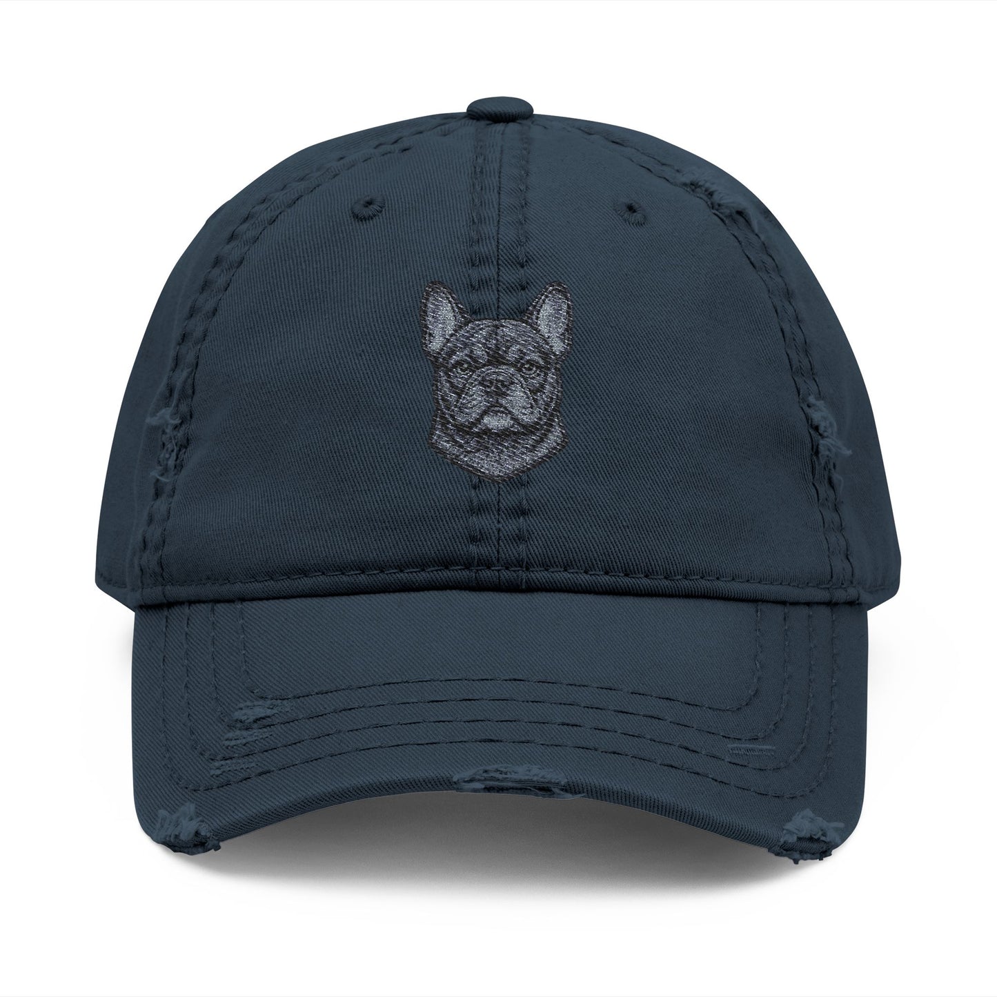 Embroidered Black French Bulldog Face Dad Hat | Distressed Baseball Cap