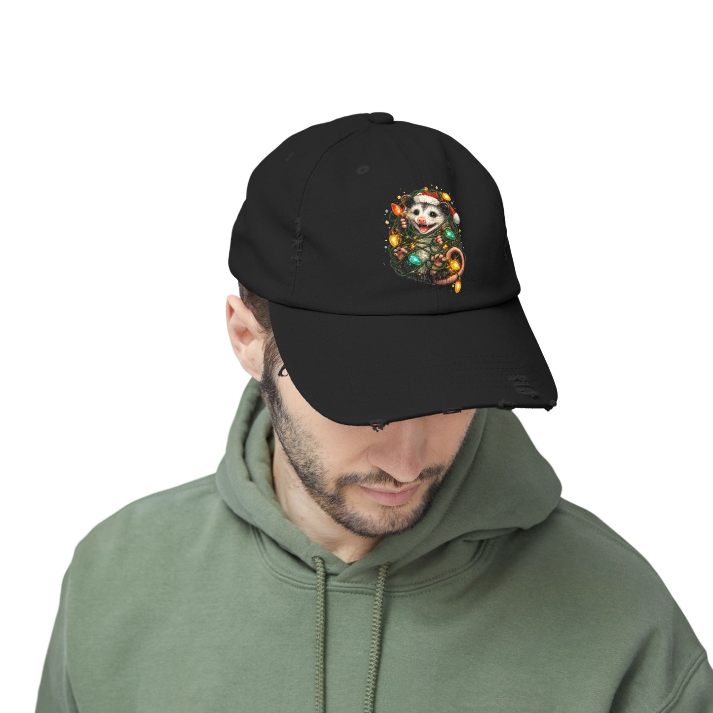 Christmas Opossum Distressed Cap — Cute Opossum Wrapped in Holiday Lights