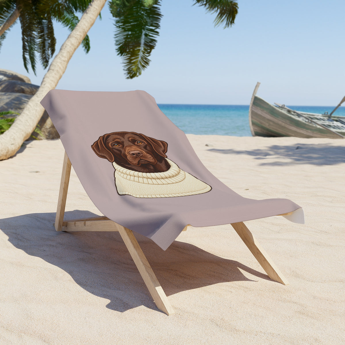 Chocolate Labrador in Cable Knit Sweater Beach Towel — Cute Dog Beach Towel for Dog Lovers