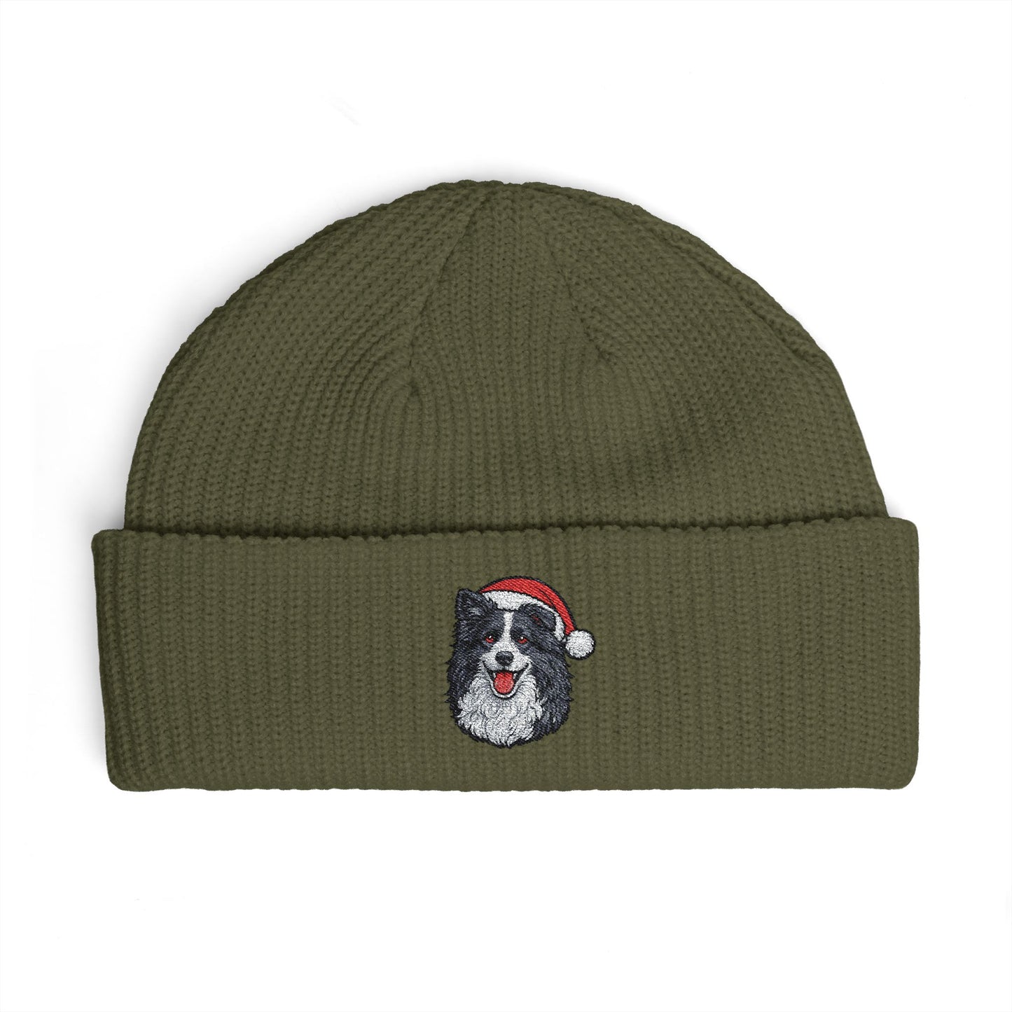 Cuffed Beanie — Embroidered Border Collie Dog in Santa Hat Winter cap