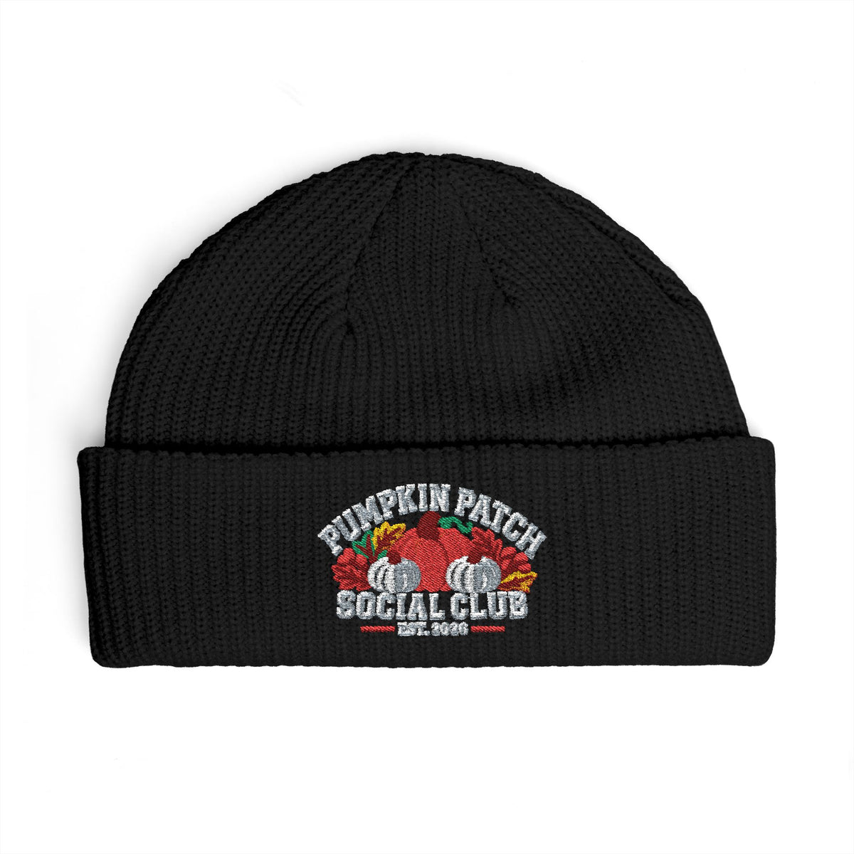 Pumpkin Patch Social Club 2026 Embroidered Cuff Beanie — Fall Harvest Embroidered Knit Hat