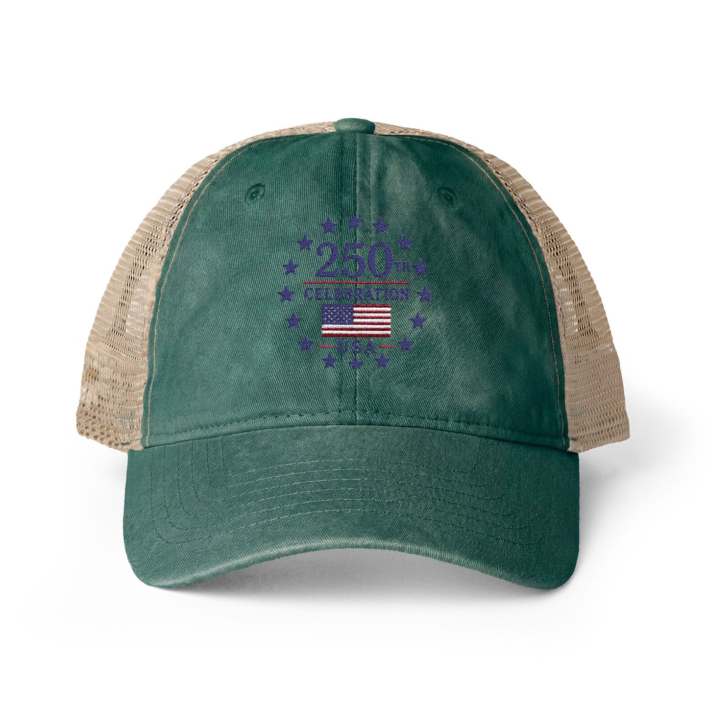 Women's Washed Mesh-Back Cap with print underneath bill embroidered USA 250th celebration various colors