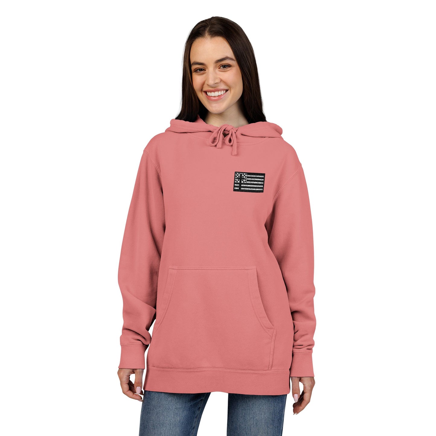 Embroidered Flag Patch Hoodie — Pigment-Dyed Casual Pullover
