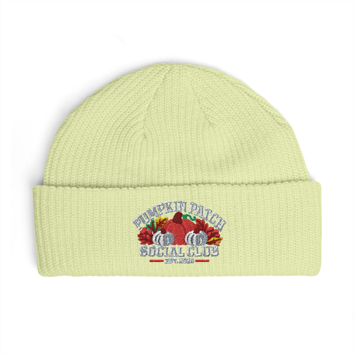 Pumpkin Patch Social Club 2026 Embroidered Cuff Beanie — Fall Harvest Embroidered Knit Hat