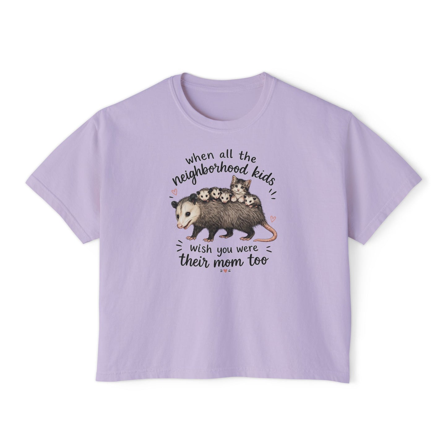 Women's Boxy Tee- Opossum and kitten neighborhood mom graphic