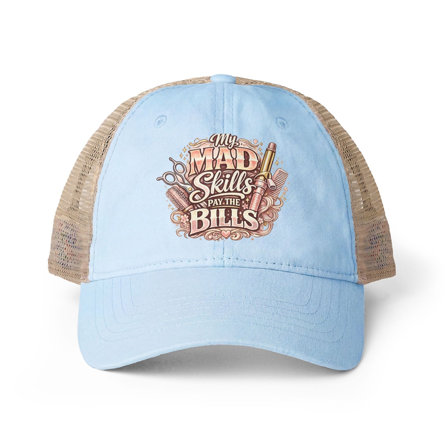 Mesh-Back Cap with surprise print under visor/ My Mad Skills Pay the Bills hairstylist