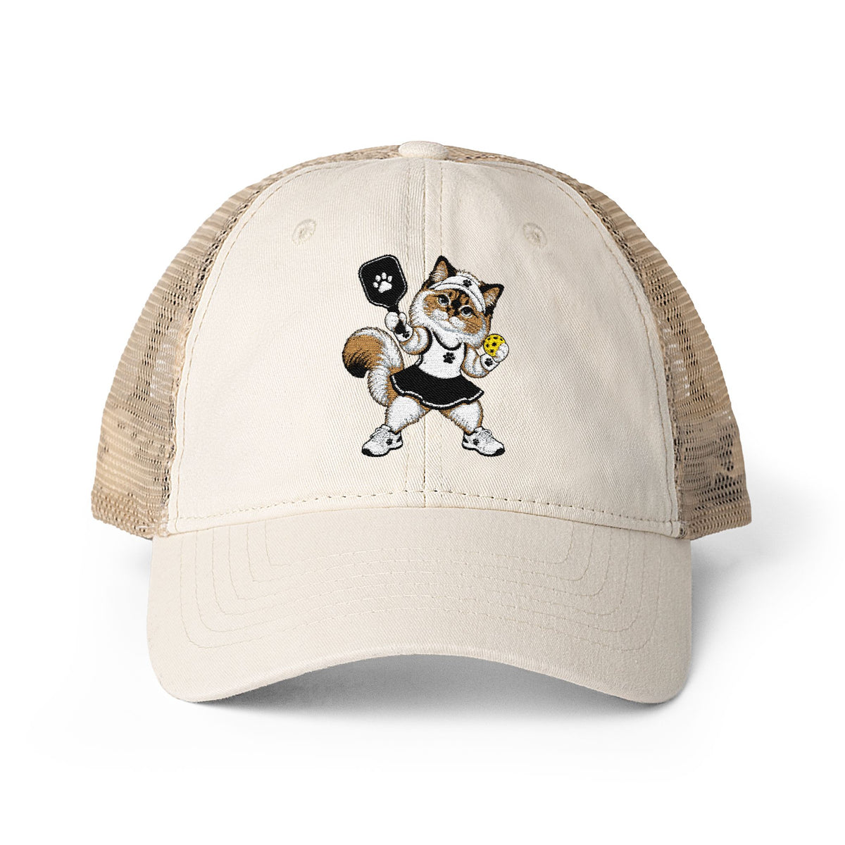Pickleball Cat Embroidered Women's Washed Mesh-Back Cap