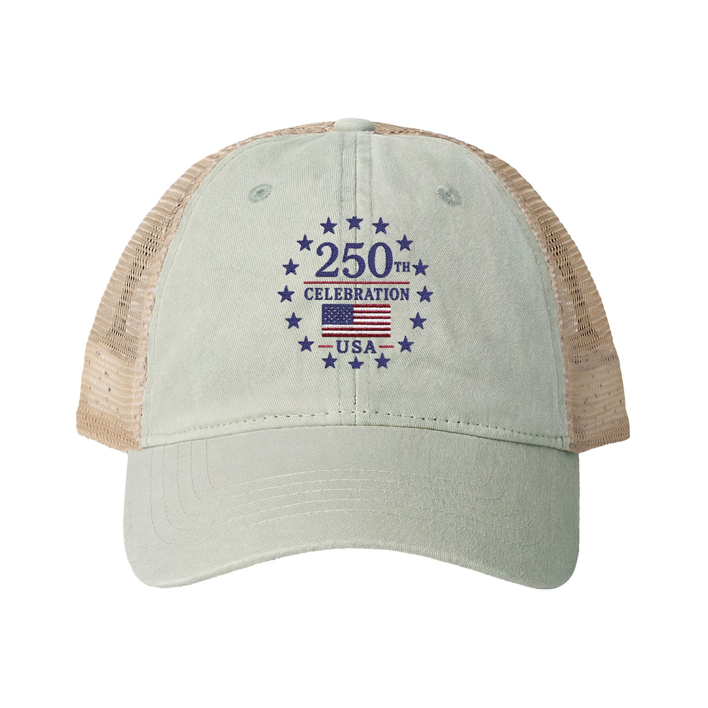 Women's Washed Mesh-Back Cap with print underneath bill embroidered USA 250th celebration various colors