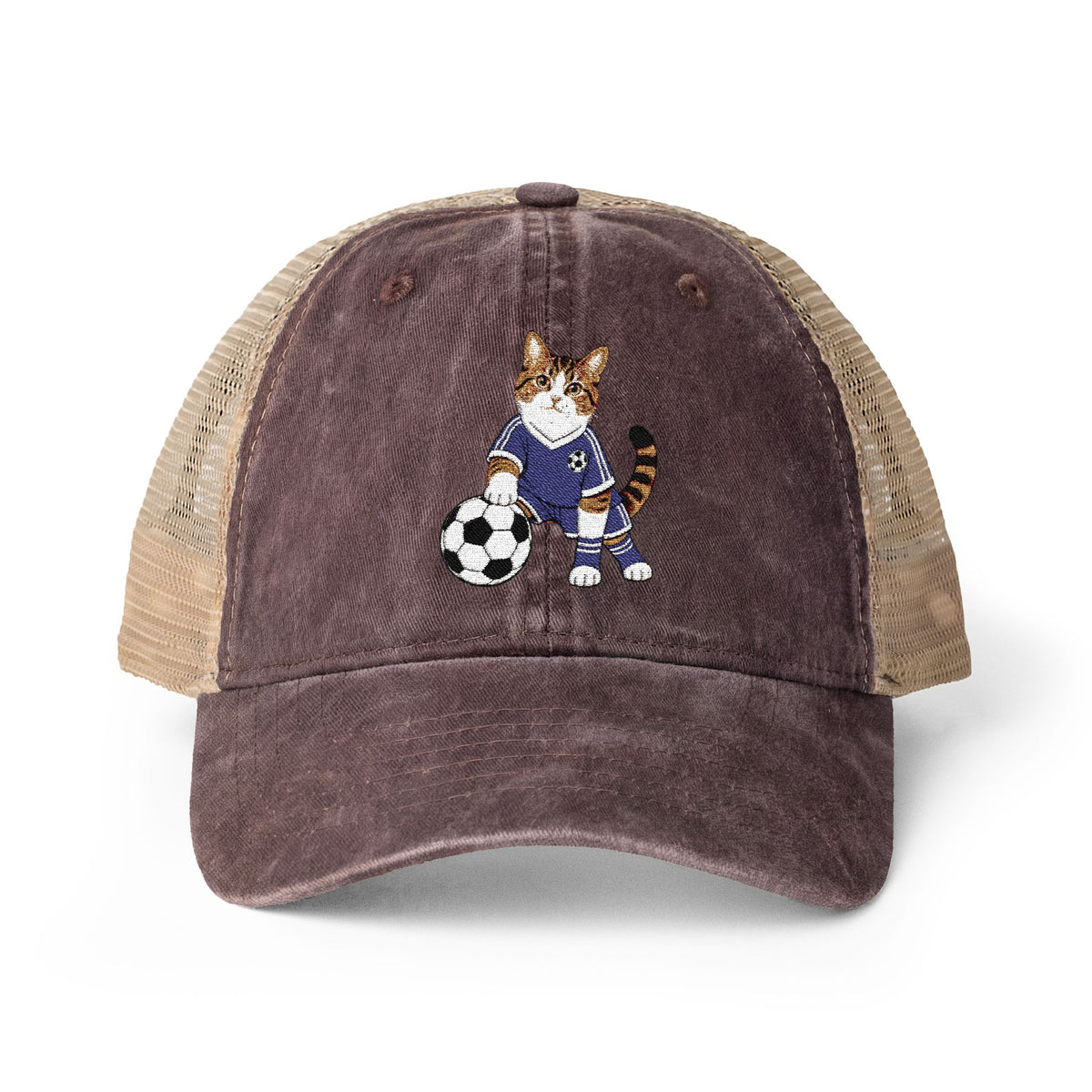 Soccer Cat Embroidered Women's Washed Mesh-Back Cap