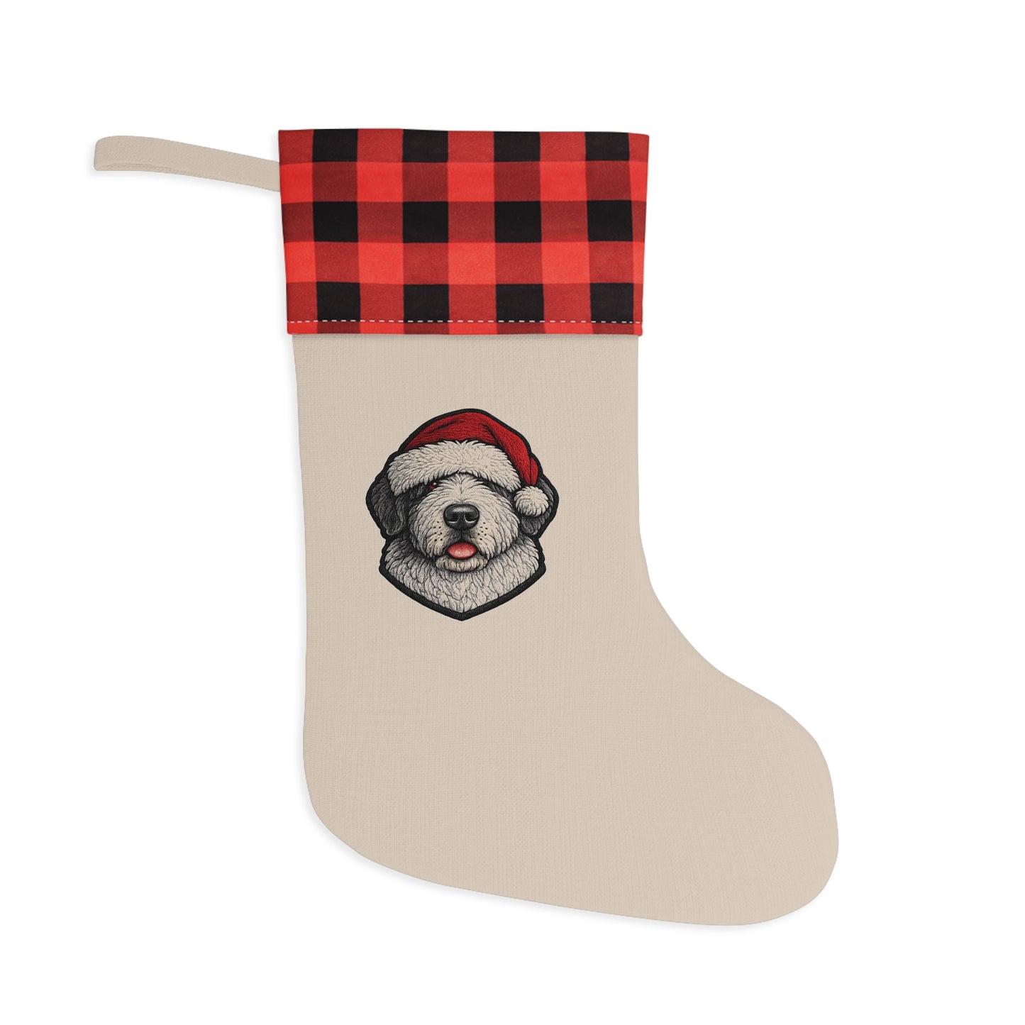 Buffalo Plaid Dog Portrait Christmas Stocking- Old English Sheepdog