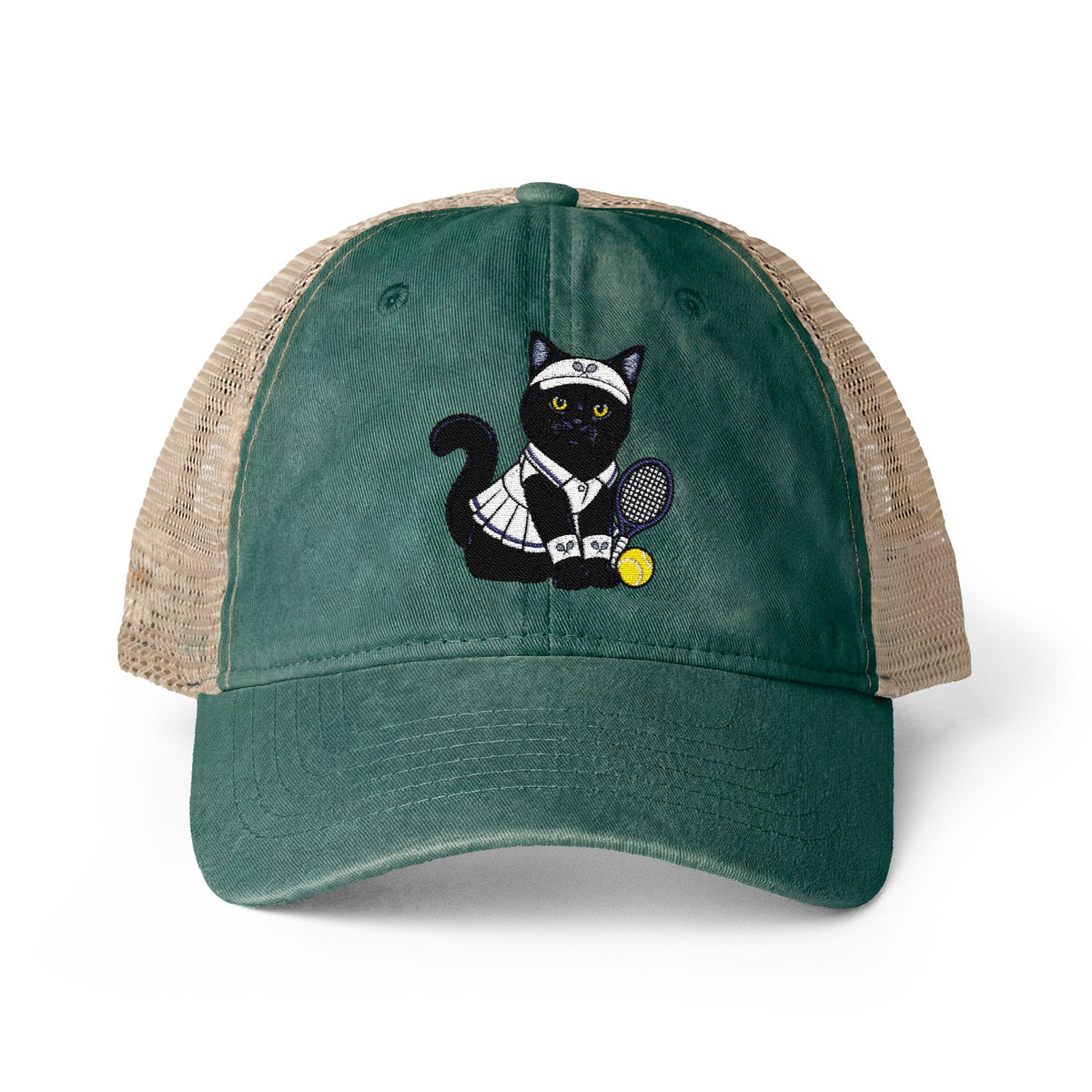 Black Cat Tennis Embroidered Women's Washed Mesh-Back Cap