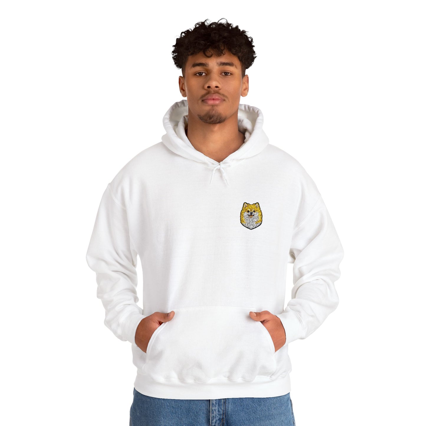 Pomeranian embroidered design on hooded sweatshirt